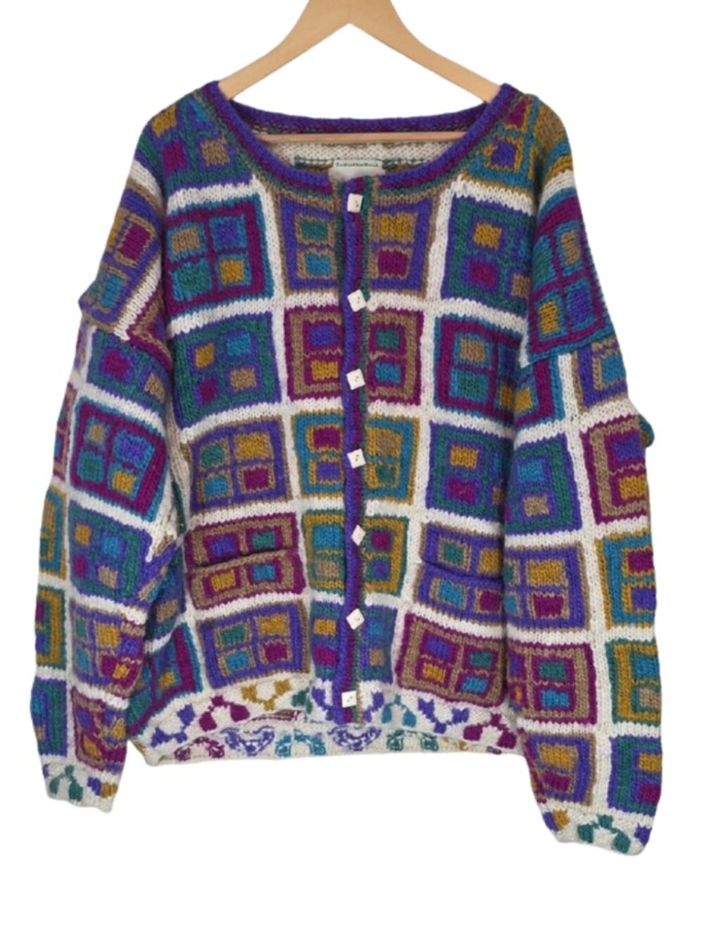 Avalanche Hand Knit 100% Wool Cardigan XL Colorblock Granny Square Cottagecore